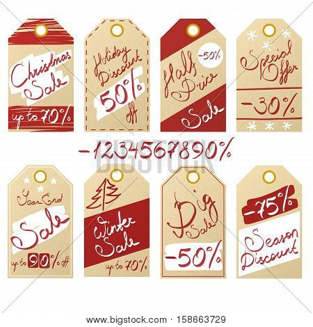 Set of seasonal sale and discount price tags on kraft paper with realistic texture and handwritten inscriptions eps10 vector illustration