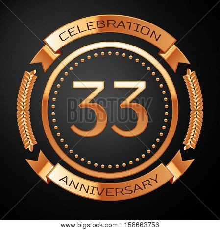 Thirty three years anniversary celebration with golden ring and ribbon.