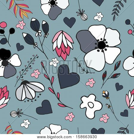 vector siamless pattern with flower, leaves and heart