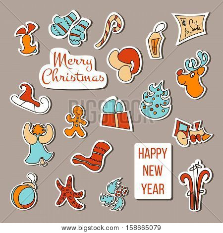 Cute Christmas stickers set. Christmas poster or decoration. Xmas icons with gift mittens deer bell toy gingerbread candy cane snowman snowflake greeting letter skates angel. Design element
