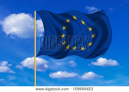 European Union official flag. Patriotic EU symbol. banner element design background. Correct colors. Flag of Europe on flagpole waving in the wind blue sky background. Fabric texture. 3D rendered illustration