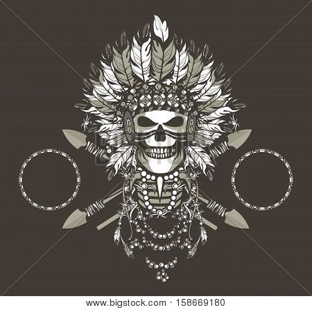 vector illustration of a dead Indian chief in a headdress of feathers and attributes of power Black background