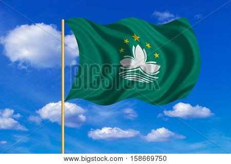 Macanese official flag. Patriotic chinese symbol banner background. Macau is special region of PRC. Correct colors. Flag of Macau on flagpole waving in the wind blue sky background. Fabric texture. 3D rendered illustration