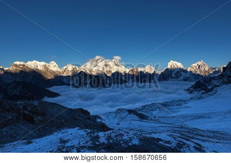 Everest Panoramic View From Renjo La Pass. Himalayas Mountain Valley Covered With Curly Clouds. Dram