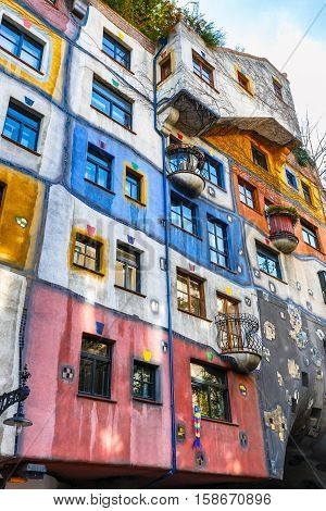 Vienna, Austria - October 14, 2016: Facade Of Huntdertwarsser House In Vienna. The Hundertwasser Hou
