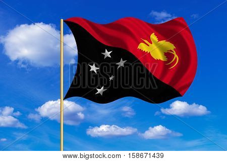 Papua New Guinean national official flag. Papuan patriotic symbol banner element background. Correct colors. Flag of Papua New Guinea on flagpole waving in wind blue sky background. Fabric texture. 3D rendered illustration