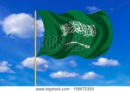Saudi Arabian national official flag. Patriotic symbol banner element background. Correct colors. Flag of Saudi Arabia on flagpole waving in the wind blue sky background. Fabric texture. 3D rendered illustration