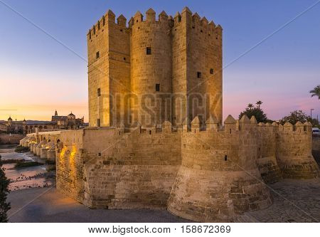 Night view of Torre de la Calahorra - Calahorra Tower on the Roman Bridge in Cordoba, Andalusia, Spain