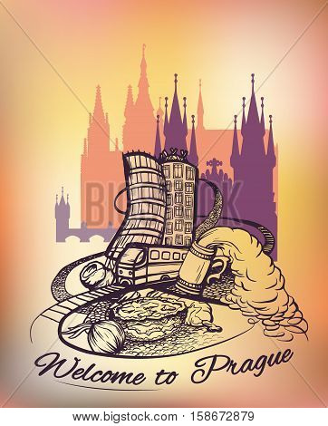 Welcome to Prague poster, banner, sticker with Czech capital landmarks. Line drawing on watercolor background.Vector illustration