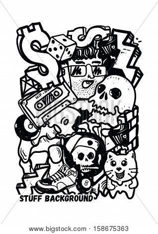Graffiti vector stuff background sticker poster Colorful Doodle pattern in  black and white color. Used clipping mask for easy editing.