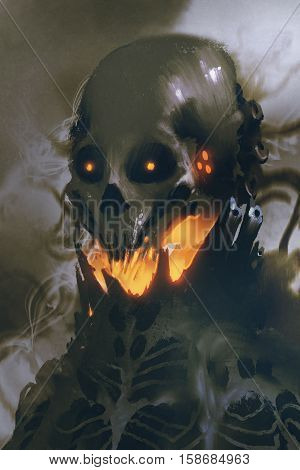 sci-fi character of alien skull on dark background, illustration painting