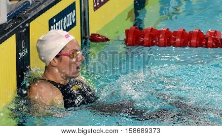 Hong Kong China - Oct 29 2016. Australian olympian and world champion swimmer Emily SEEBOHM (AUS) in the finish. FINA Swimming World Cup Preliminary Heats Victoria Park Swimming Pool.