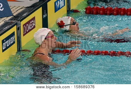 Hong Kong China - Oct 29 2016. Olympian and world champion swimmer Emily SEEBOHM (AUS) and HANUS Danielle (CAN) in the finish. FINA Swimming World Cup Preliminary Heat Victoria Park Swimming Pool.