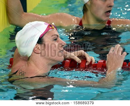 Hong Kong China - Oct 29 2016. Australian olympian and world champion swimmer Emily SEEBOHM (AUS) in the finish. FINA Swimming World Cup Preliminary Heats Victoria Park Swimming Pool.