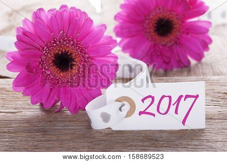 Label With English Text 2017 For Happy New Year Greetings. Pink Spring Gerbera Blossom. Vintage, Rutic Or Aged Wooden Background. Card For Spring Greetings.