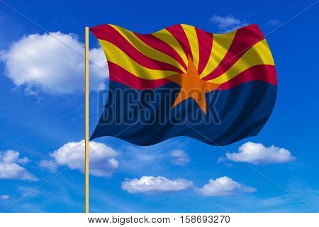 Flag of the US state of Arizona. American patriotic element. USA banner. United States of America symbol. Arizonian official flag on flagpole waving in the wind blue sky background. Fabric texture. 3D rendered illustration