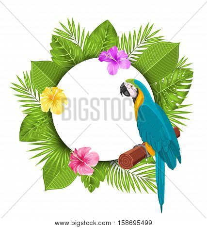 Illustration Beautiful Card with Parrot Ara, Colorful Flowers Blossom and Tropical Leaves - raster