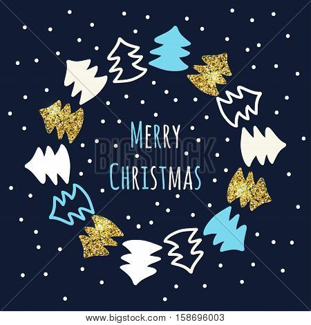 Bright Christmas greeting card in hand drawn style. Circular pattern of firs with inscription Merry Christmas.