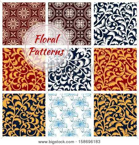 Floral patterns set. Decor seamless flourish ornate background with flowery damask and arabesque ornament. Luxury flower embellishment classic and vintage decoration tiles
