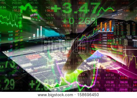Stock Market Indicator And Financial Data View From Led. Double Exposure Financial Graph And Stock I