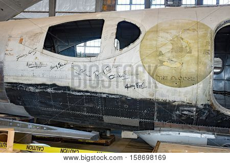 DAYTON, OHIO, USA - NOVEMBER 18, 2016: National Museum USAF is restoring WWII The Swoose Flying Fortress bomber, the oldest B-17 & only D model in existence. Shown here with crews' names on fuselage.