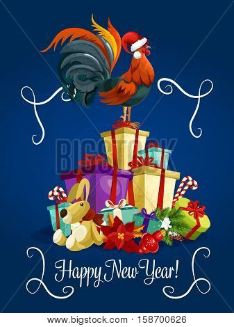 New Year holiday greeting card with rooster cock standing on christmas gifts heap. Symbol of 2017 New Year