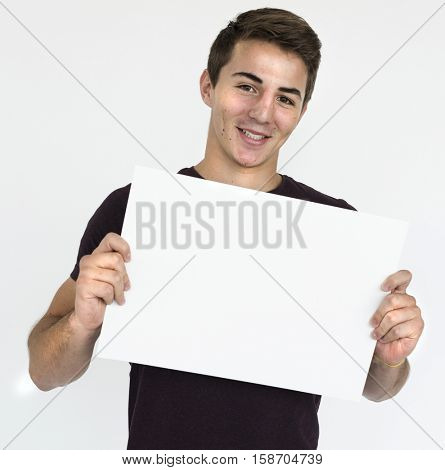 Male Holding White Blank Placard Concept