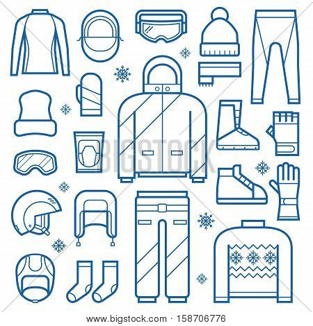 Winter clothes and accessories for active lifestyle. Snowboard jacket, helmet, ski goggles. Skiing and snowboarding winter sportswear and warm dress. Winter fun and activity clothing set in thin line.