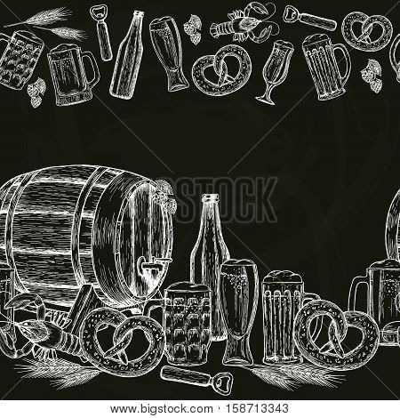 Beer seamless horizontal border. Beer drawing for pub or bar menu. Vector.