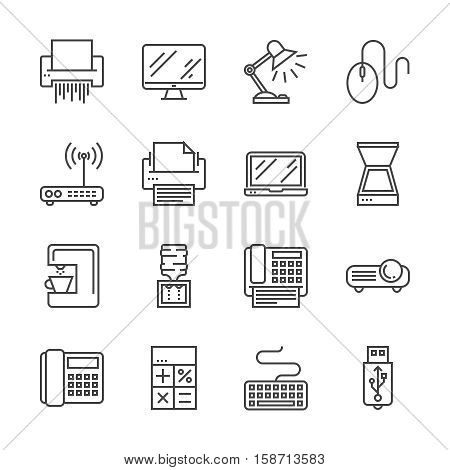 Office Devices Thin Line Related Icons Set Isolated on White Background. Simple Mono Linear Pictogram Pack Stroke Vector Logo Concept for Web Graphics. Editable Stroke. 48x48 Pixel Perfect.