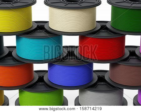 3D printer filaments isolated on white background. 3D illustration.