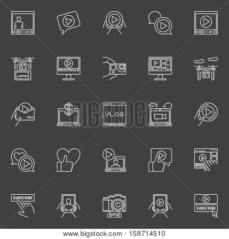 Video blogger icons set. Vector online video outline concept signs. Vlog thin line symbols on dakr background