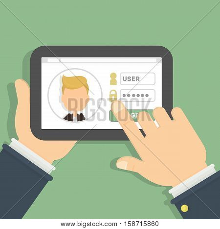 Login and password. Log in into my profile. Hands holding tablet. Social network account.
