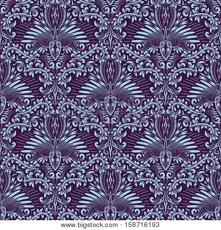 Damask seamless pattern repeating background. Purple blue floral ornament in baroque style. Antique repeatable wallpaper