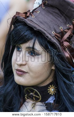 CAGLIARI, ITALY - May 29, 2016: Sunday at La Grande Jatte VIII Ed. At the Public Gardens - Sardinia - portrait of a beautiful girl in the steampunk costumes
