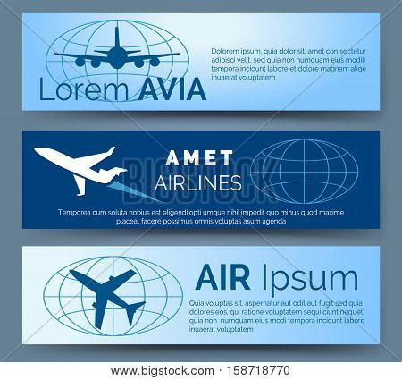 Airlines company headers set. Blue banners with aircrafts vector illustration