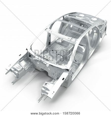 Carcass af a sedan car on white background. Angle from up. 3D illustration