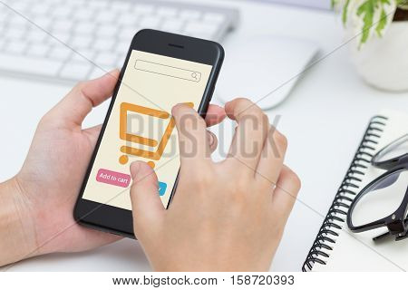 Close-up woman hand using phone shopping online new modern lifestyle easy to shopping by phone