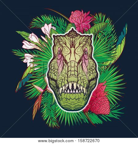 Detailed sketch style drawing of the roaring tirannosaurus rex head on a decoratve bunch of tropical leaves and flowers. Painted sketch. EPS10 vector illustration.