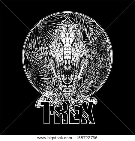 Detailed sketch style drawing of the roaring tirannosaurus rex head on a decoratve bunch of tropical leaves and flowers. Black and white sketch isolated on white background. EPS10 vector illustration.