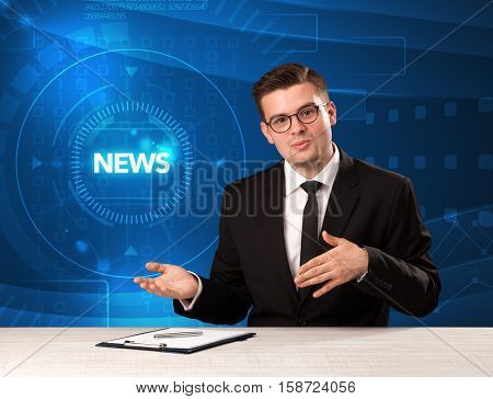 Modern televison presenter telling the news with tehnology background concept