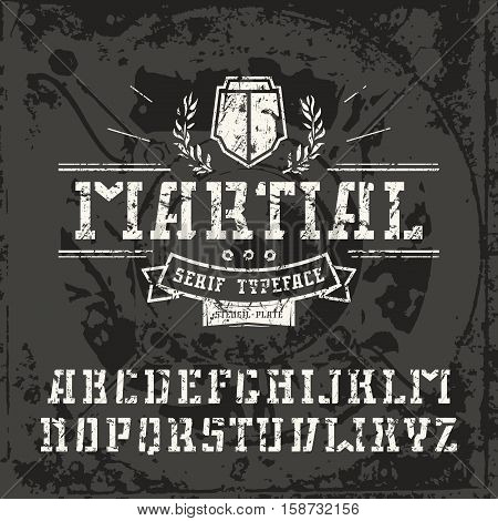 Stencil-plate serif font in military style with shabby texture. White font on black texture background