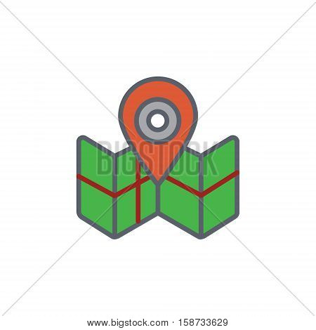 Vector icon or illustration showing map with geo location icon in outline style