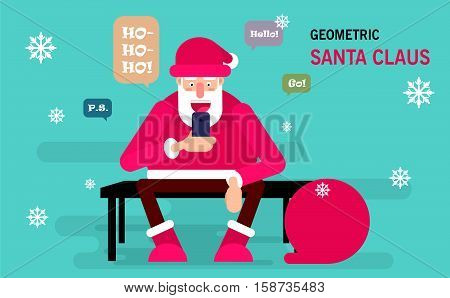 Santa Claus sitting on a bench and holds a smartphone for sending messages to his friends. Merry Christmas vector postcard. Usable as poster