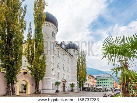 LIENZ,AUSTRIA - SEPTEMBER 15,2016 - View at the street with City hall (Castle Liebburg) in Lienz. Lienz is a medieval town in the Austrian state of Tyrol.