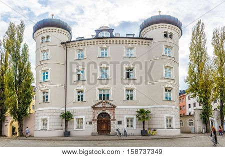 LIENZ,AUSTRIA - SEPTEMBER 15,2016 - View at the street with City hall (Castle Liebburg) in Lienz. Lienz is a medieval town in the Austrian state of Tyrol.