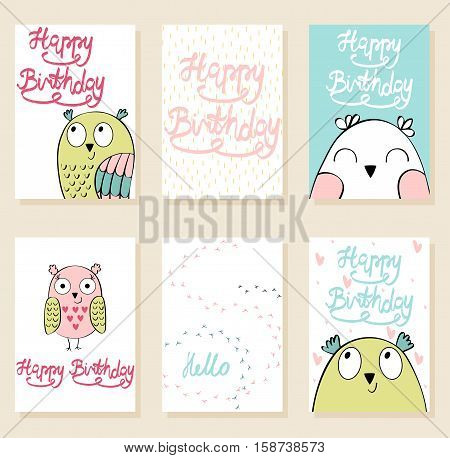 Collection of cute artistic cards for kids. Funny owls in vector. Greeting card for birthday.
