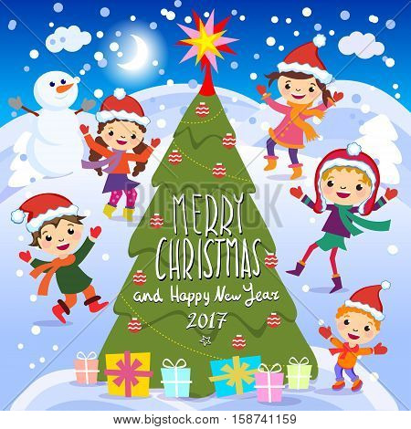 Merry Christmas And Happy New Year. 2017. Winter Fun. Cheerful Kids Playing In The Snow. Stock Vecto