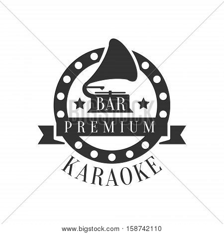 Gramophone In Round Frame Karaoke Premium Quality Bar Club Monochrome Promotion Retro Sign Vector Design Template. Black And White Illustration With Music Related Objects Silhouettes With Text.