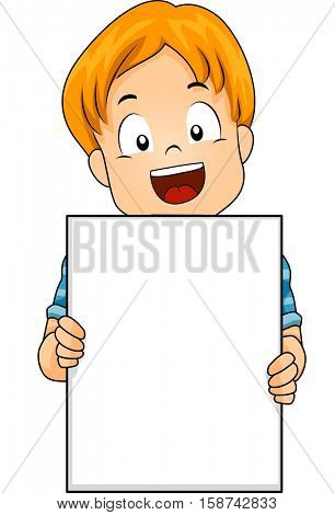 Illustration of a Cute Little Caucasian Boy Flashing a Wide Smile While Holding a Blank Board